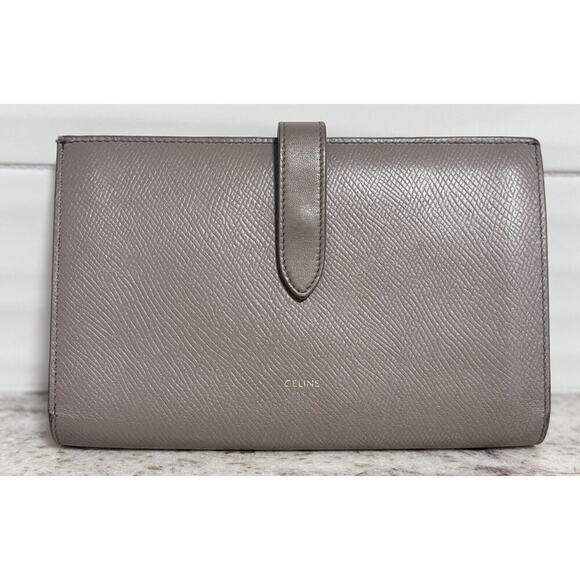 Auth Celine Large Jumbo Snap Strap Calfskin Bifold Wallet Gray - Picture 1 of 16